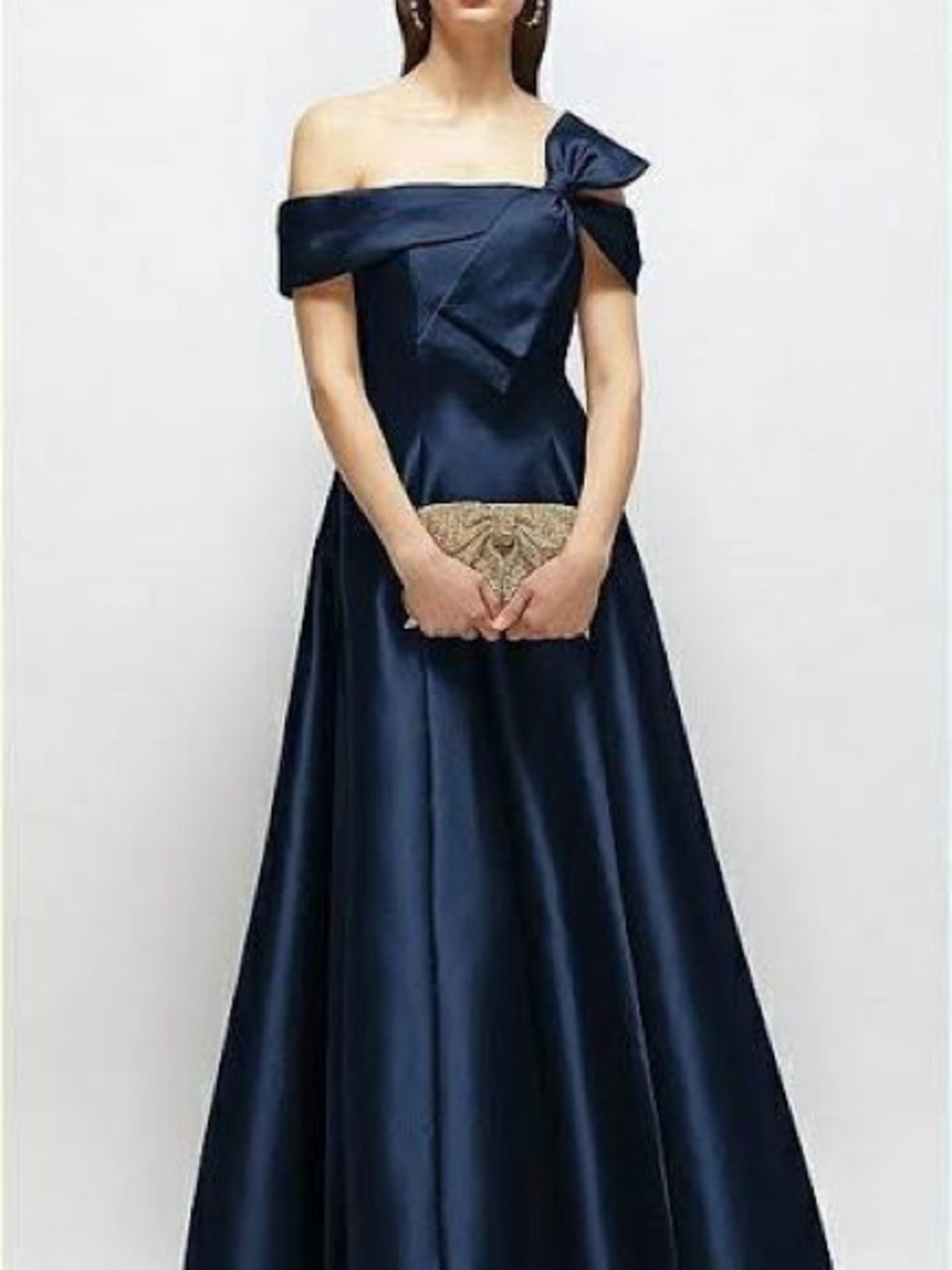 ALFRED SUNG Navy One-Shoulder Satin Gown with Bow